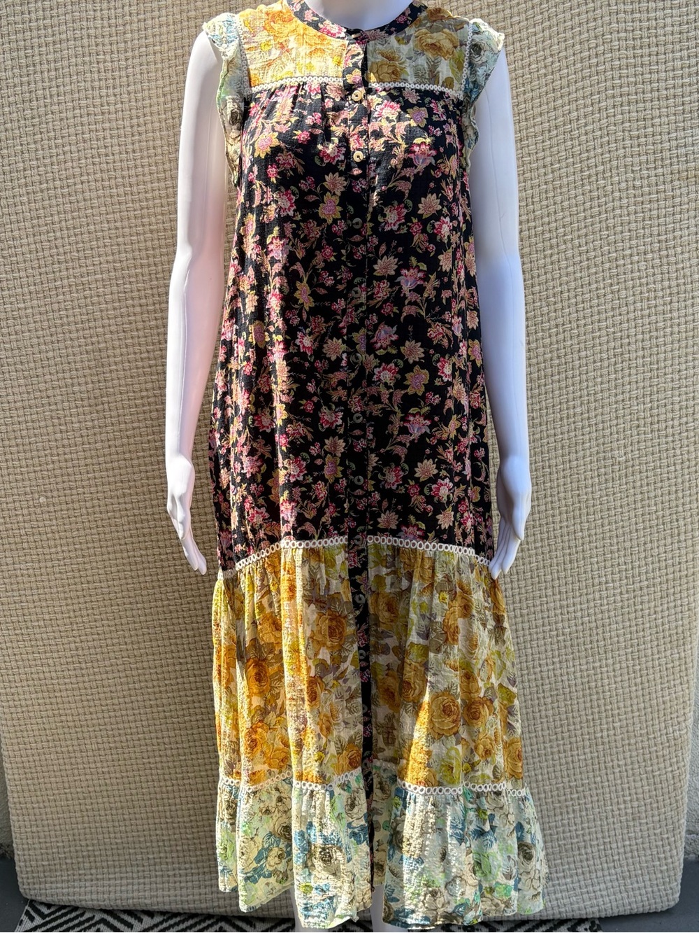 Anthropologie Womens Mixed Floral Tiered Maxi Dress Patchwork Boho Western - Picture 3 of 6